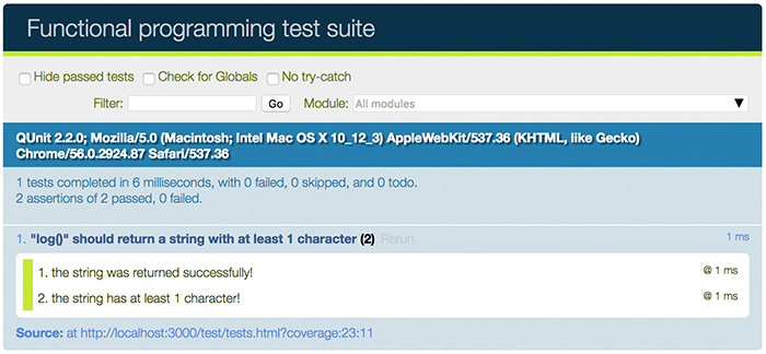 First passing test image for the learn JavaScript unit testing post