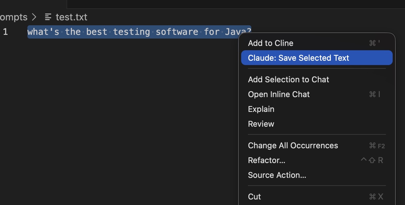 Screenshot of the Save Selected Text right-click context menu in VS Code