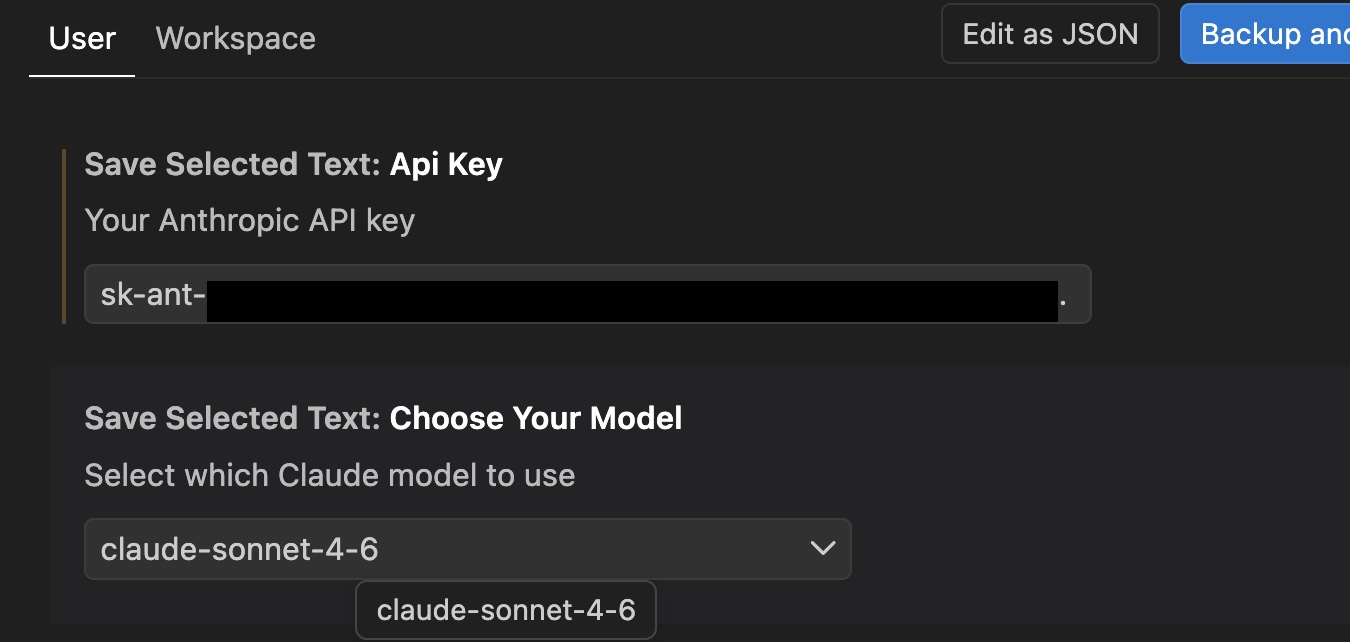Screenshot of the Save Selected Text extension settings in VS Code